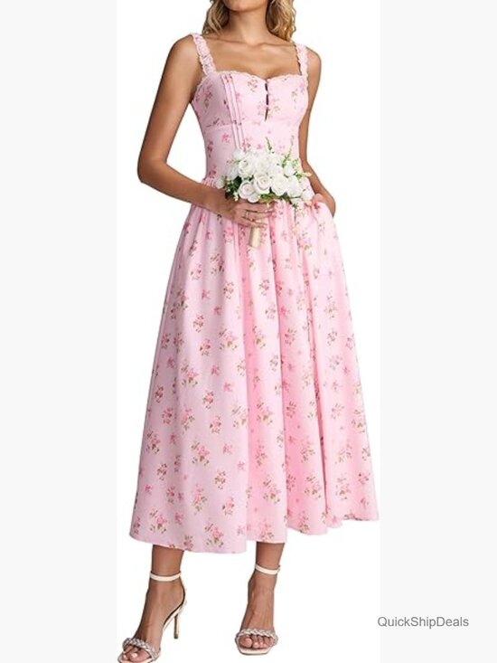 Dresses & Skirts - Women's Lace Corset Midi Dress Flowy Smocked A-Line with Pockets